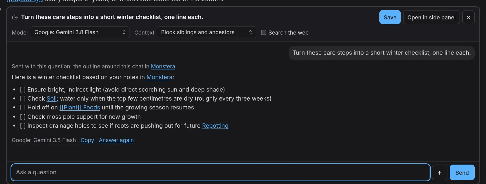 Gemini turns the Care list into a winter checklist, with the outline around the chat as its context