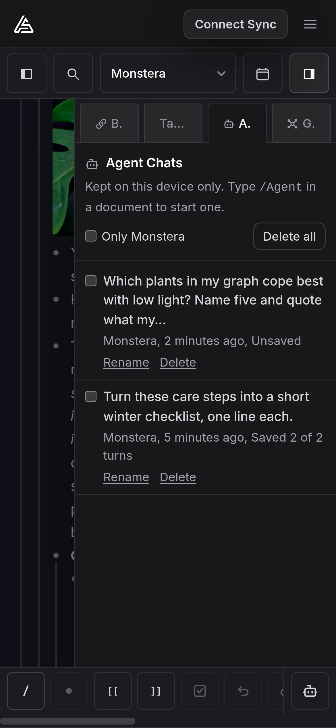 The Agent Chats list on a phone, with a saved and an unsaved chat