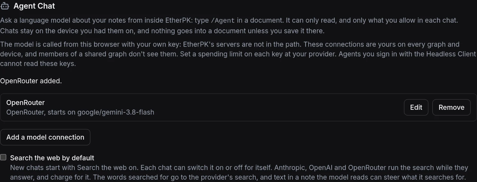 The saved OpenRouter connection, and the Search the web by default setting