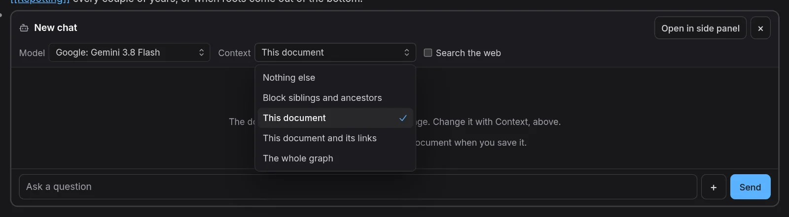 The Context list open, with This document ticked