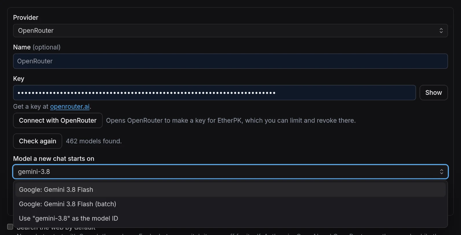 Adding an OpenRouter connection, with the model list narrowed to Gemini 3.8 Flash by typing