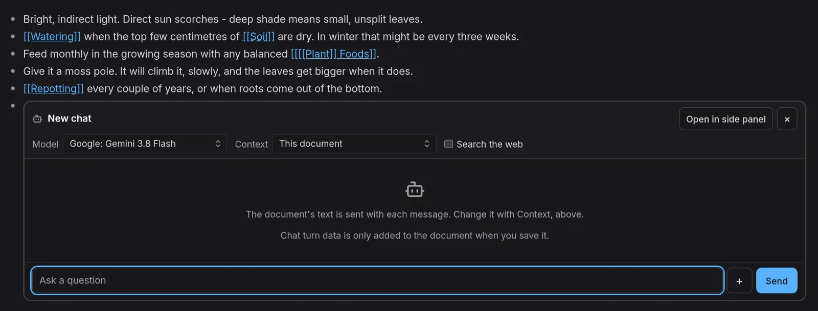A new chat open under the Care list, set to Gemini 3.8 Flash and This document