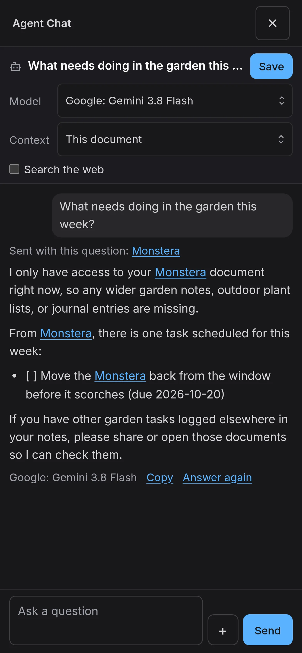 A chat on a phone, open over the whole screen, answering from the Monstera page
