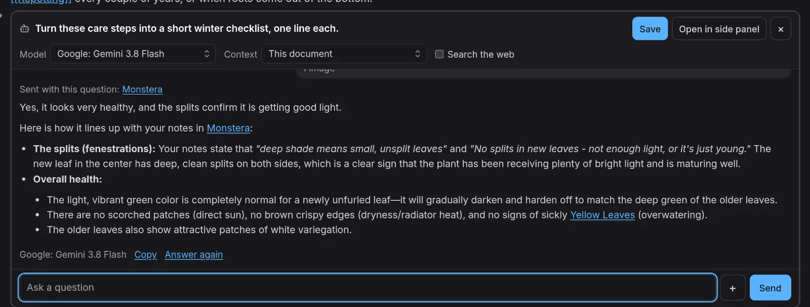 Gemini says the plant looks healthy, and quotes the Monstera page on what the splits mean