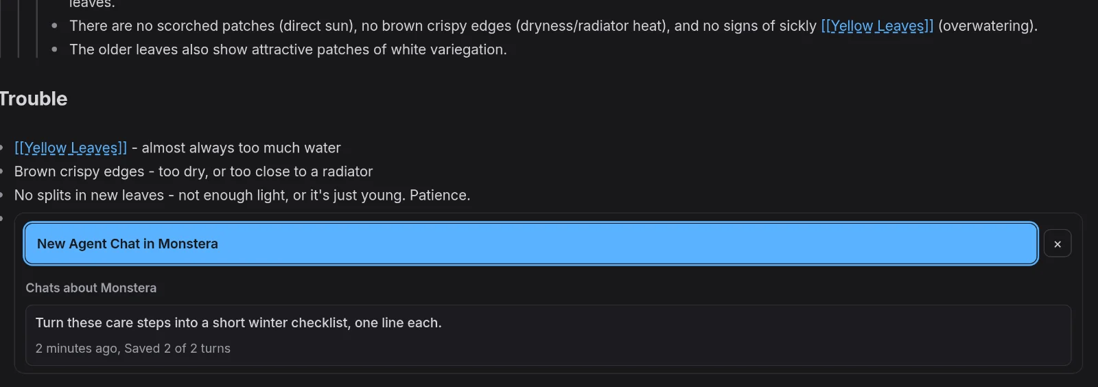 The start picker: New Agent Chat in Monstera, and the chats already kept about Monstera