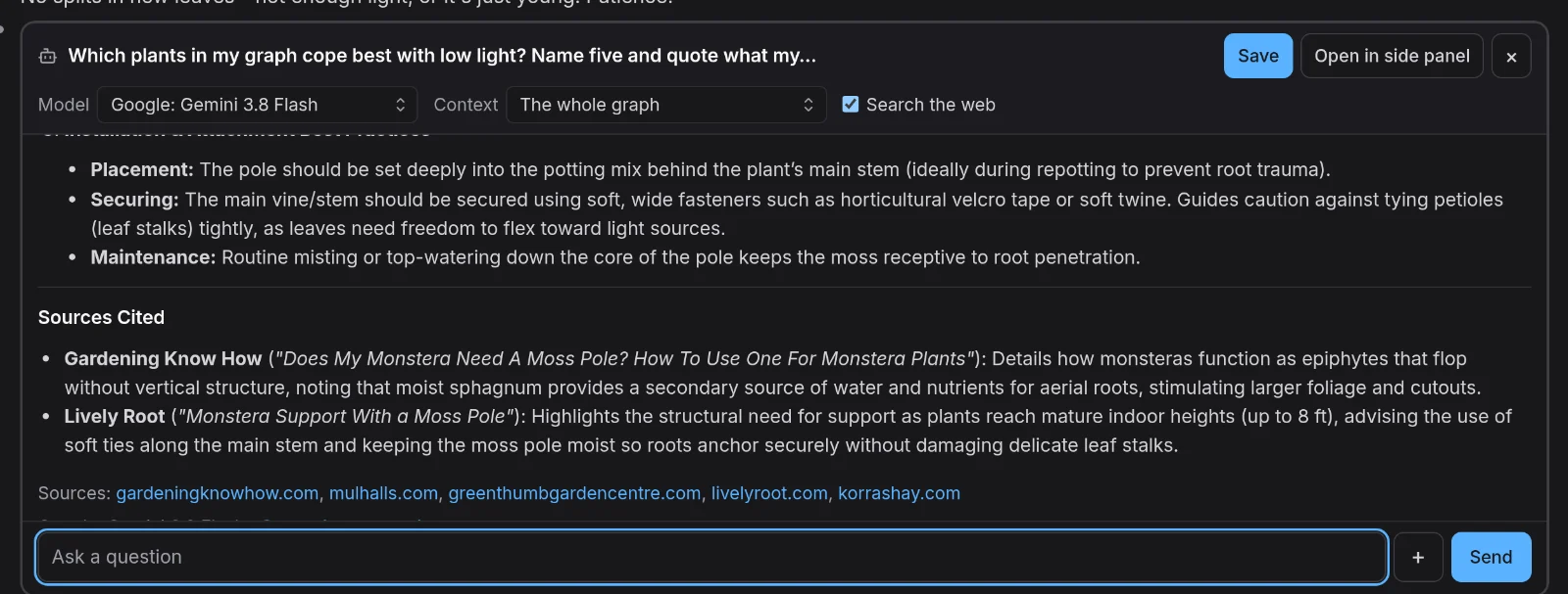 An answer about moss poles from current care guides, with its sources listed underneath