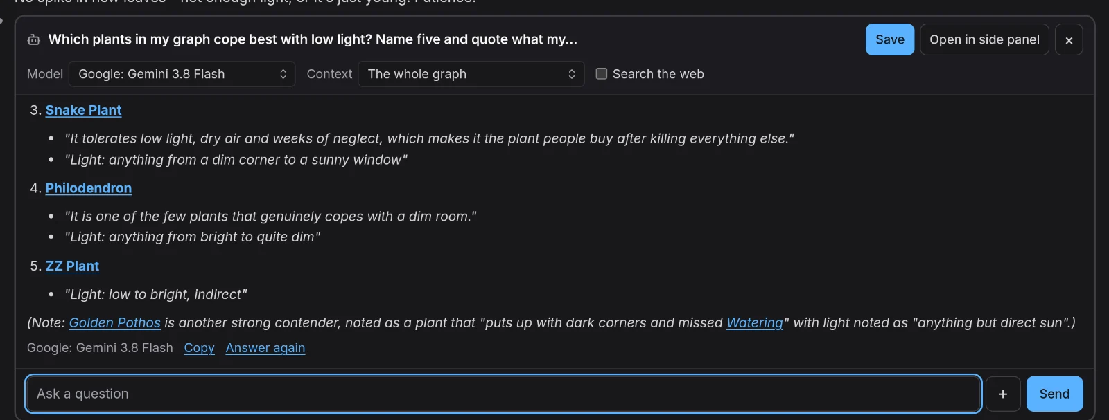 Gemini lists five low-light plants from the graph, quoting the notes on each, after its searches and reads