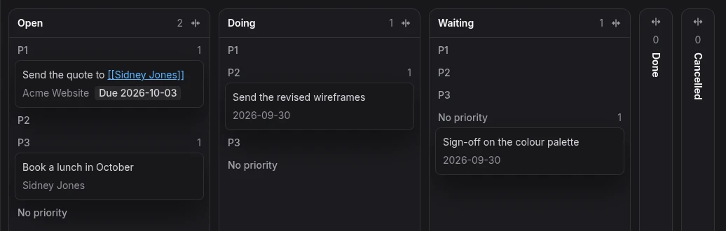 A Kanban board for a person, gathering tasks from three documents