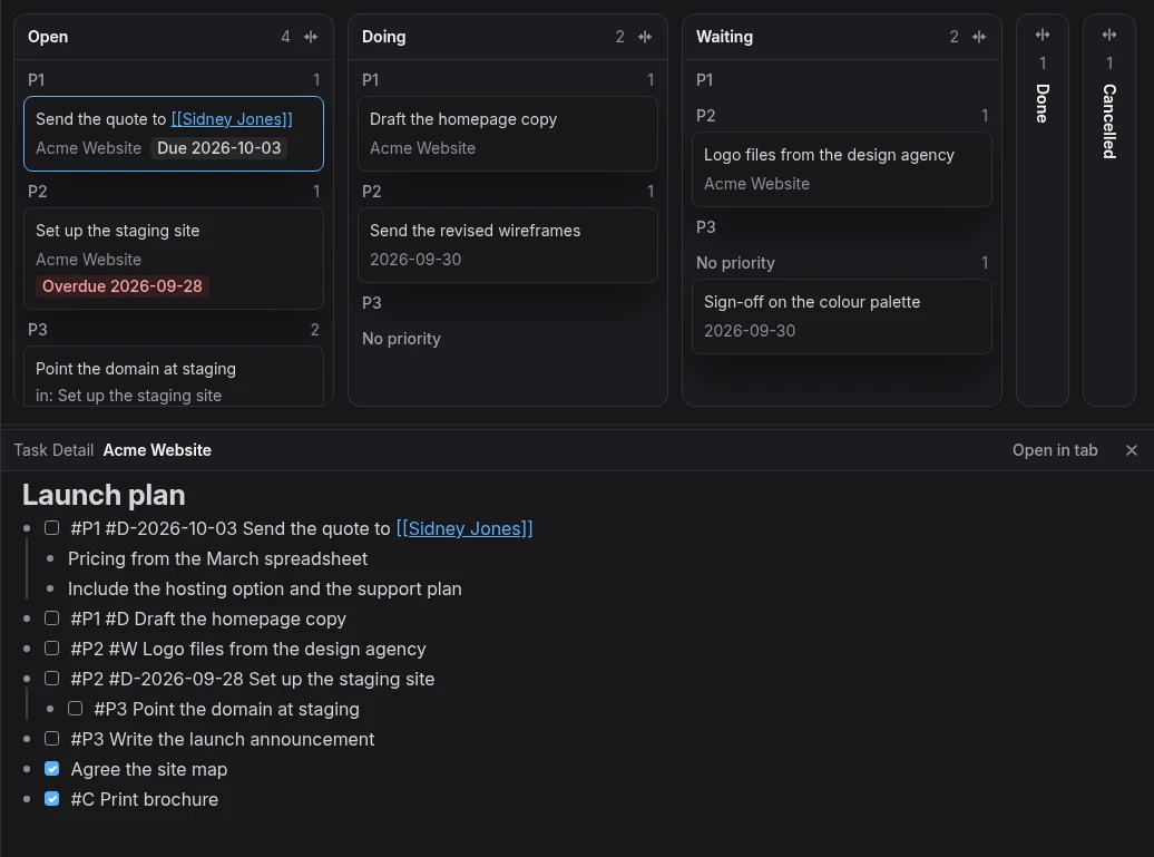 A Kanban board for a project, with one task open in the Task Detail below it