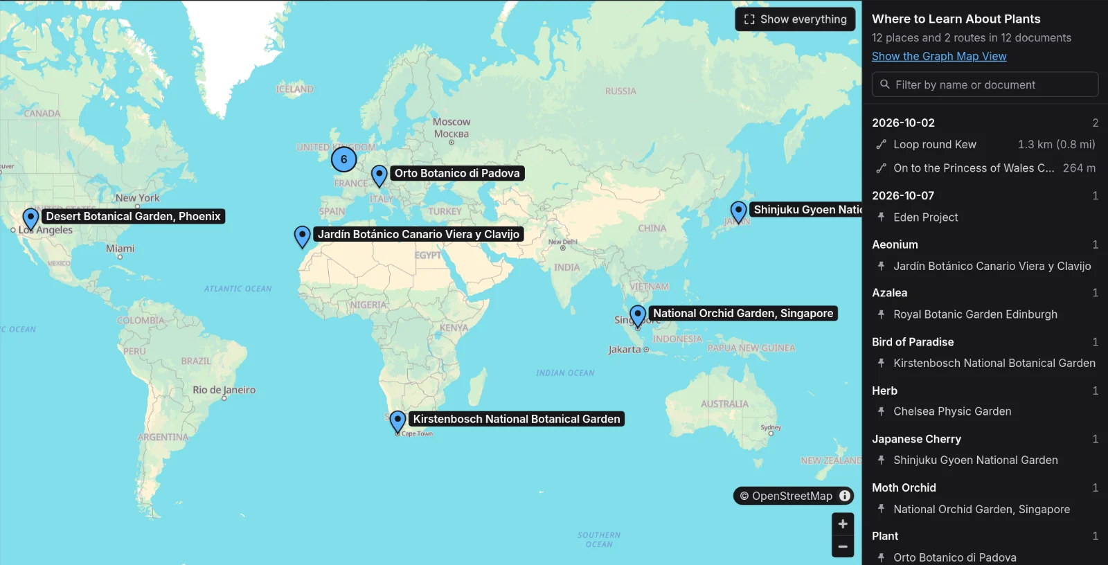 The Map View of Where to Learn About Plants, with gardens around the world listed by the page each one is written on