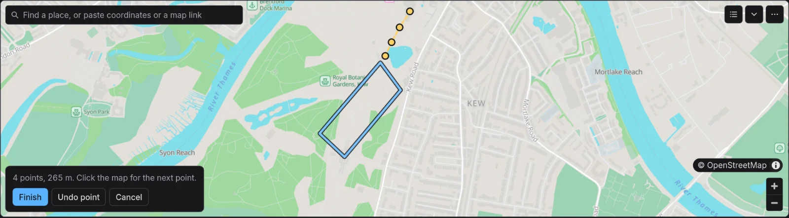 A route being drawn north from the Palm House at Kew, four points and 265 metres so far, beside the loop walked earlier