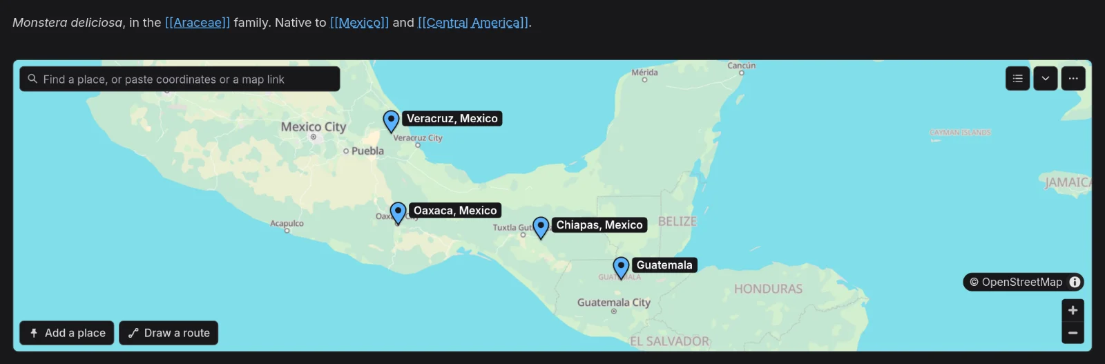 The Monstera page in the demo graph, with a map of where it grows wild under its first line