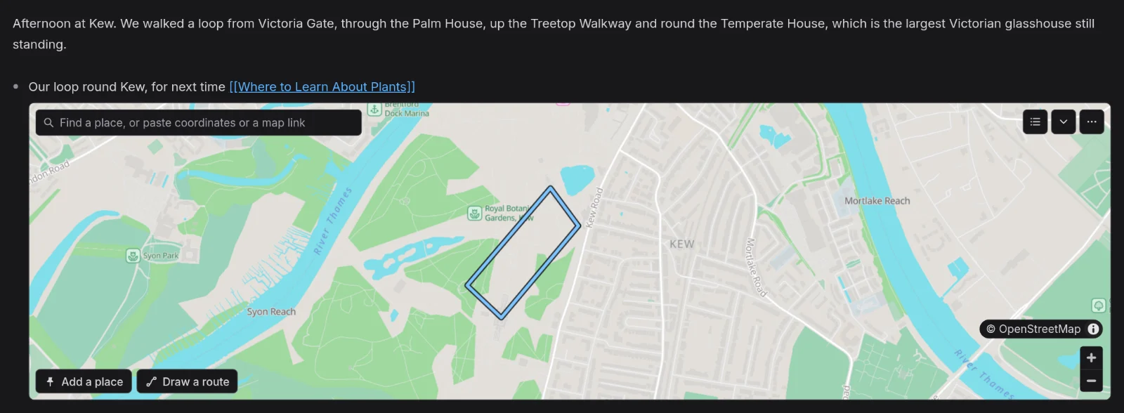 A journal entry about an afternoon at Kew, with the route of the walk on a map under a bullet