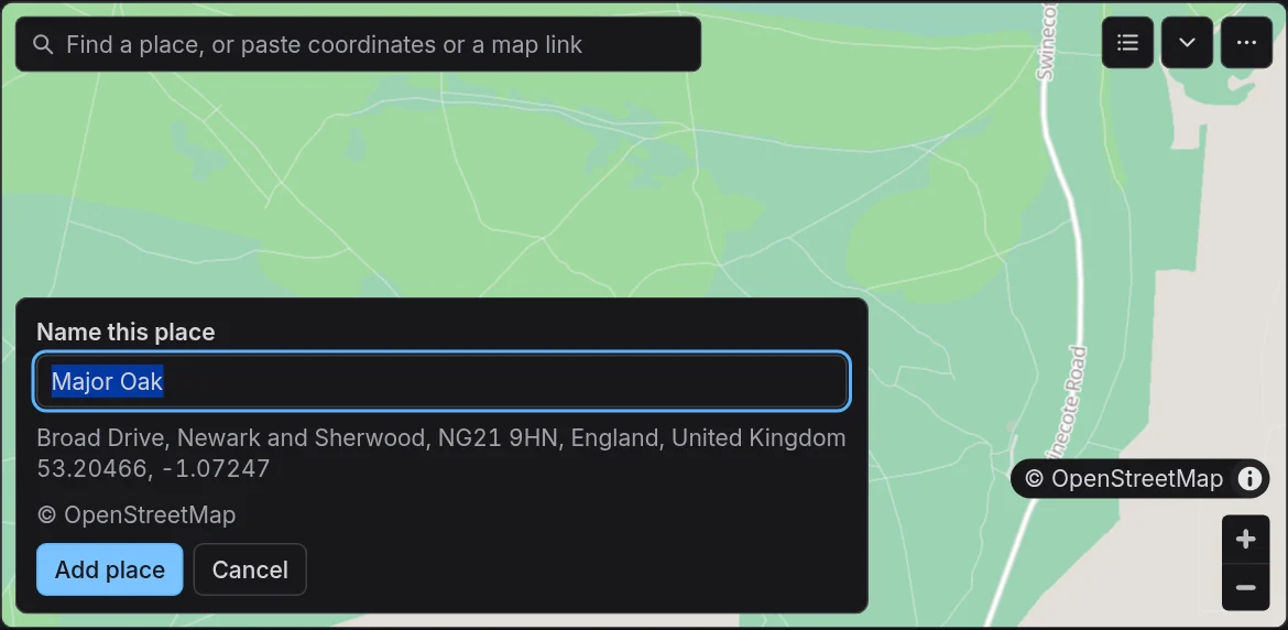 Coordinates for the Major Oak, with its name offered and its address underneath