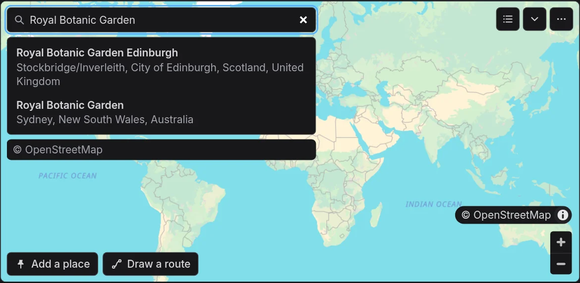 A search for Royal Botanic Garden by name, with the results to choose from