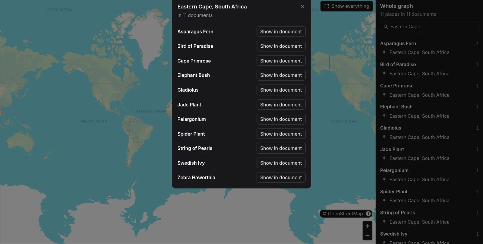 The Graph Map View filtered to the Eastern Cape, listing the 11 plants that grow wild there